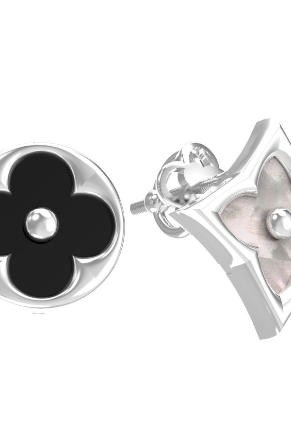 Серьги из белого золота c ониксом и перламутром