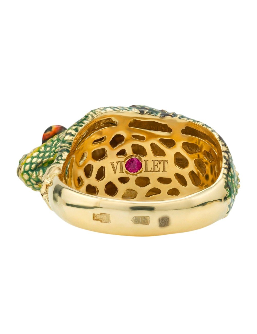 Кольцо из лимонного золота c эмалью и рубином