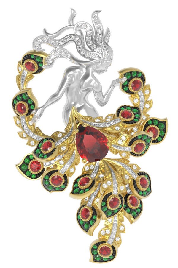 Брошь из лимонного золота c фианитом и гранатом