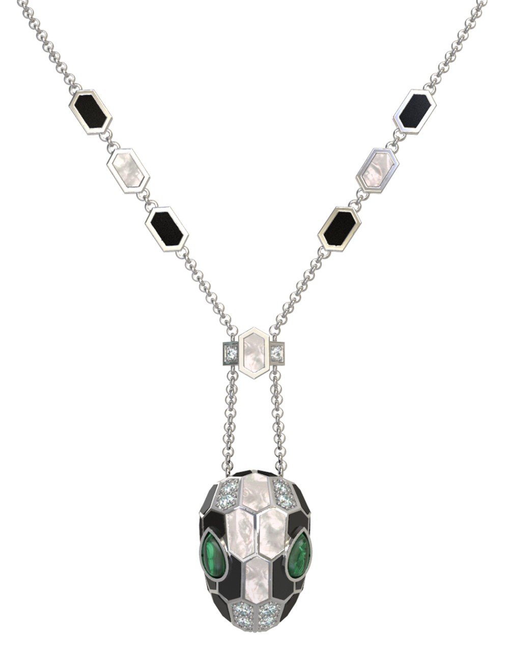 Колье из белого золота c бриллиантами, рубином, ониксом, малахитом и перламутром