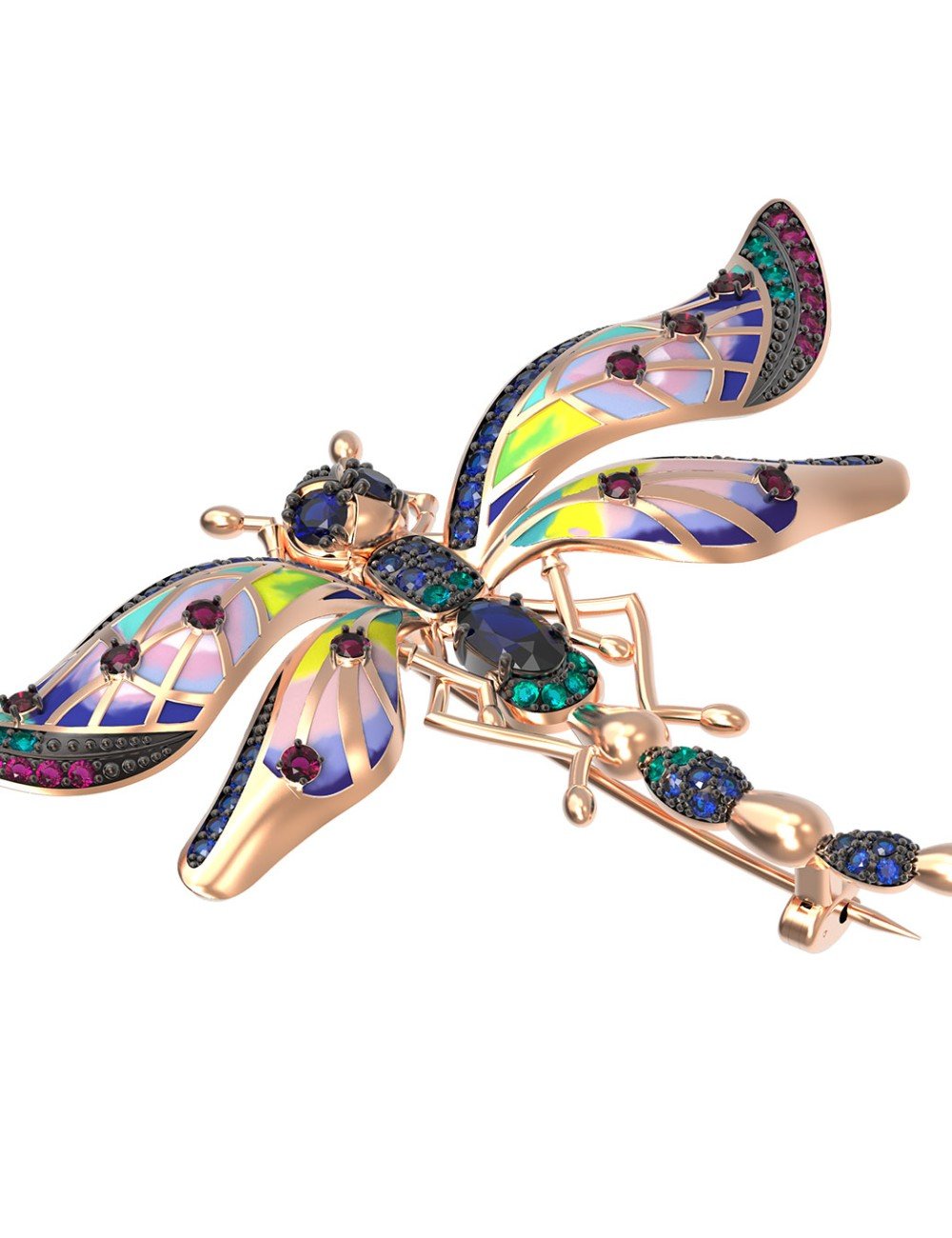 Брошь из золота c фианитом, рубином, сапфиром и эмалью