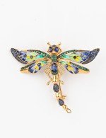 Брошь из золота c фианитом, сапфиром и эмалью