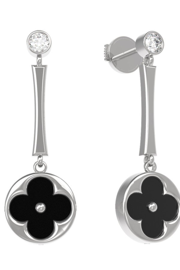 Серьги из белого золота c фианитом и ониксом