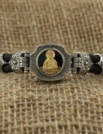 Браслет из серебра и золота c ониксом и шёлковым шнурком