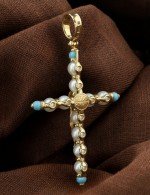 Крест из лимонного золота c жемчугом и бирюзой