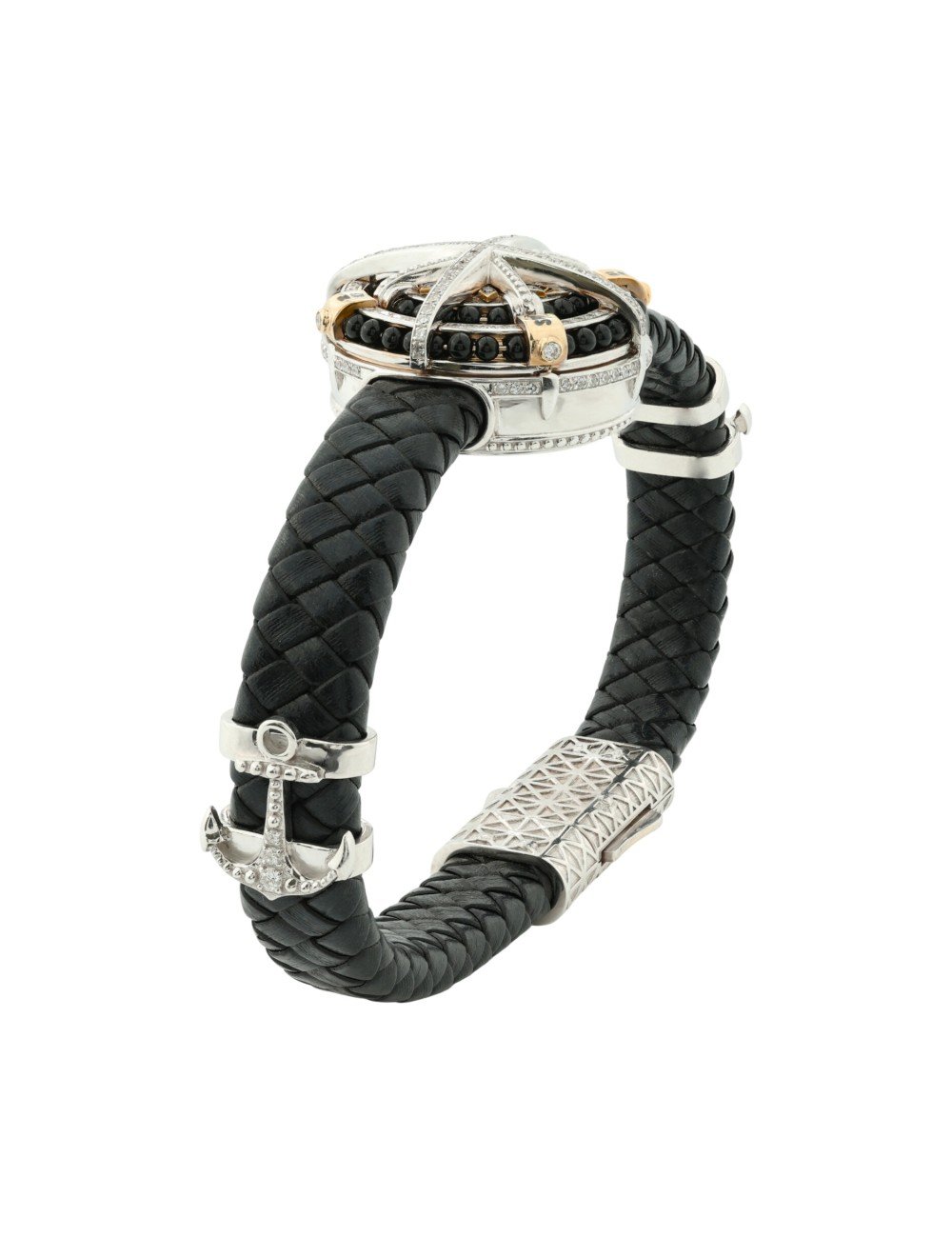 Браслет из белого золота c эмалью, бриллиантами, кожаным шнурком и ониксом