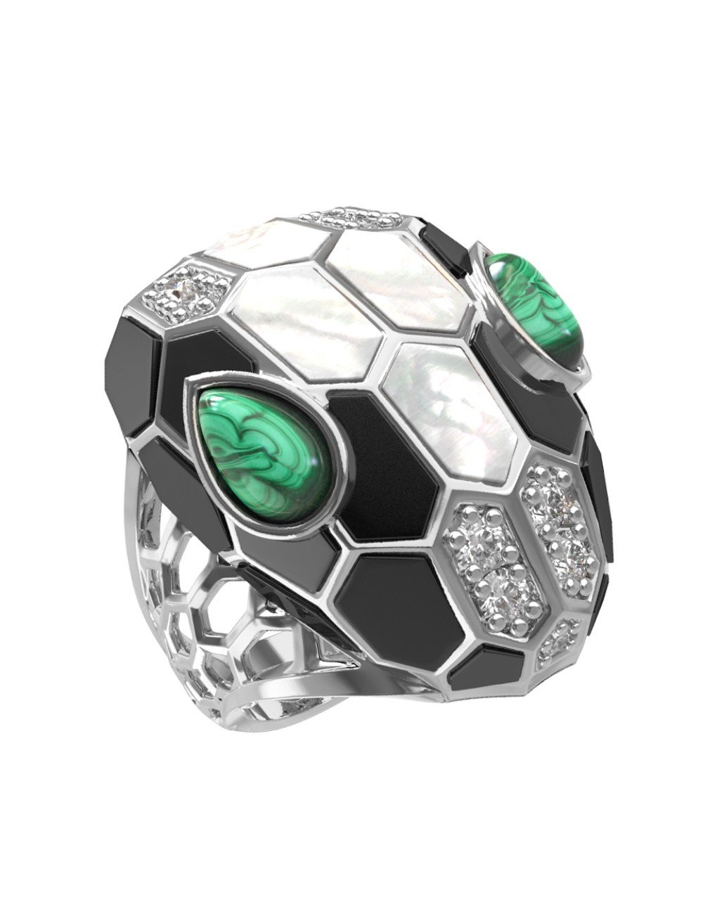 Кольцо из белого золота c бриллиантами, рубином, ониксом, малахитом и перламутром