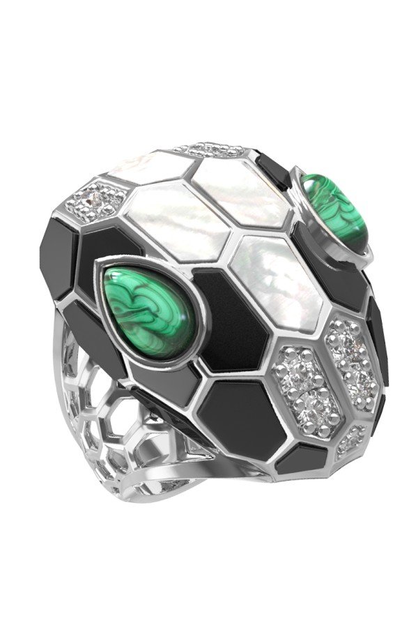 Кольцо из белого золота c бриллиантами, рубином, ониксом, малахитом и перламутром
