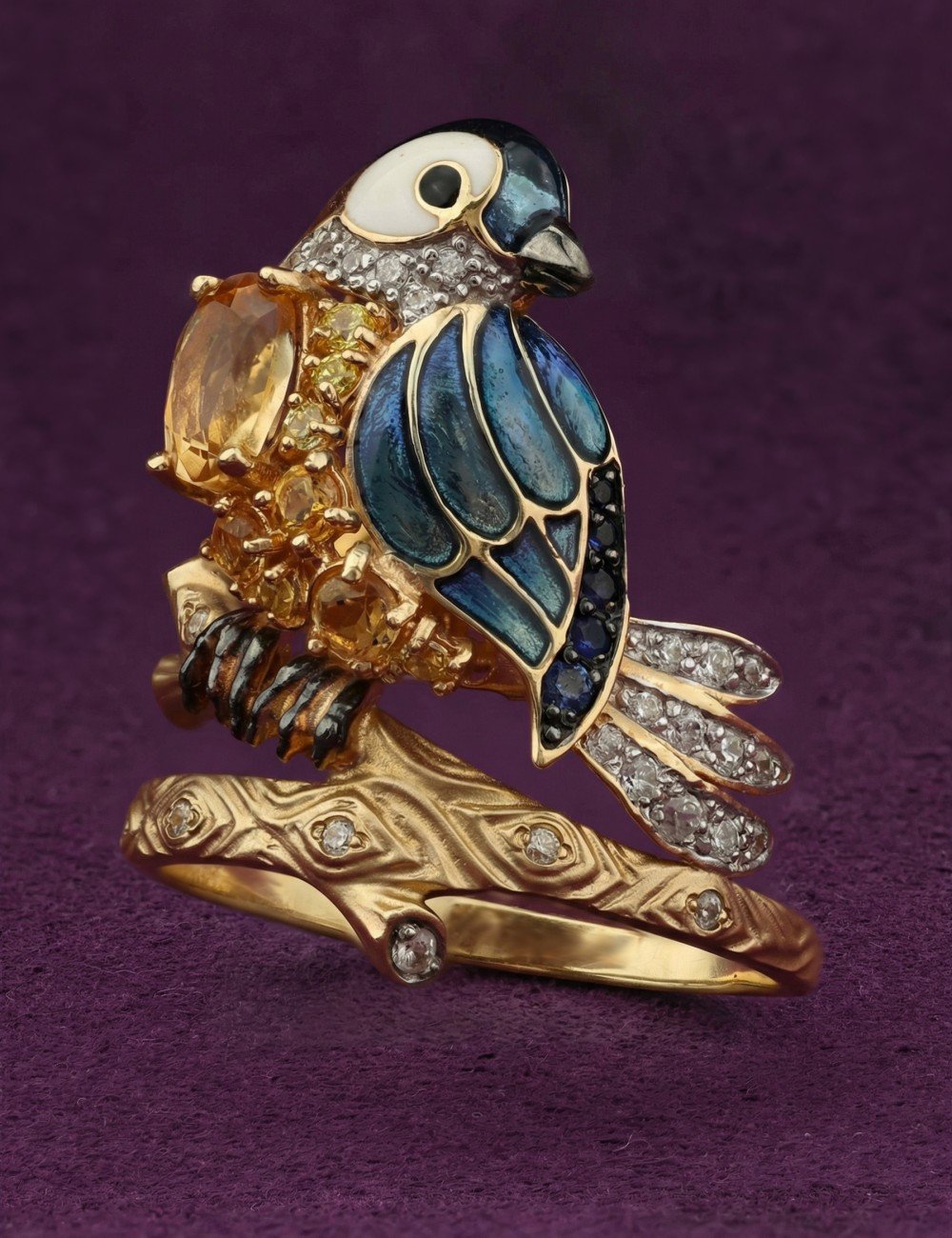 Кольцо из лимонного золота c эмалью, фианитом, цитрином и сапфиром